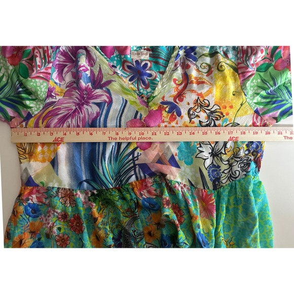 Lula Soul Floral Mixed Media Patchwork Tiered Boho Mini Dress Sz L Tropical Vaca - Picture 5 of 10
